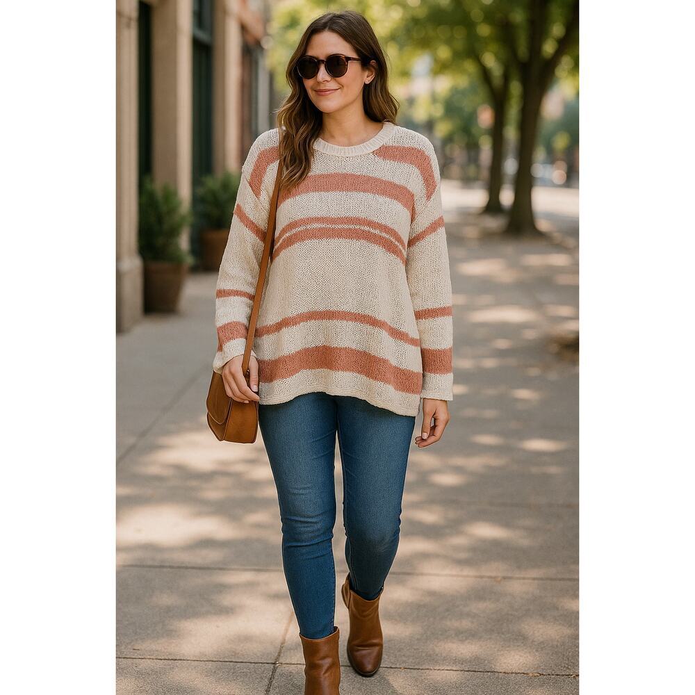 Easel Los Angeles Oversized Open Knit Sweater Small Natural Striped Pullover